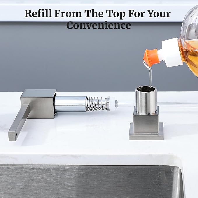 Sink Soap Dispenser for Kitchen Sink Brushed Nickel, All Brass Built-in and Refill from Top Design,Metal Hand Soap & Dish Soap Copper Pump