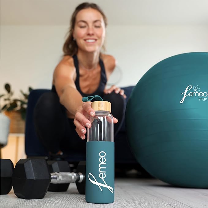 Femeo® Glass Water Bottle for Women | Eco, Yoga & Gym Friendly, 18oz | 100% Leakproof, BPA-Free, Dishwasher Safe, Borosilicate Drinking Glass Bamboo Sports Cap Teal