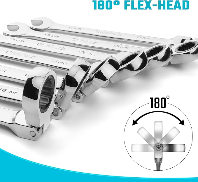 DURATECH 9-Piece Flex-Head Ratcheting Wrench Set, Combination Wrench Sets, 72 Tooth, Metric, 8, 10, 11, 12, 13, 14, 15, 16, 17mm, CR-V Steel, with Rolling Pouch