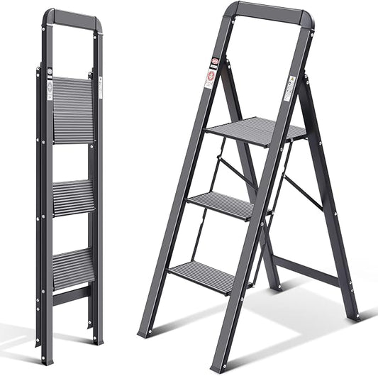 KINGRACK Aluminium 3 Step Ladder, Lightweight Step Stool with Non-Slip Pedals, Handrail, 330 LBS Foldable Step Ladder for Kitchen, Garage, Home, Space Saving, Sturdy and Portable, Black