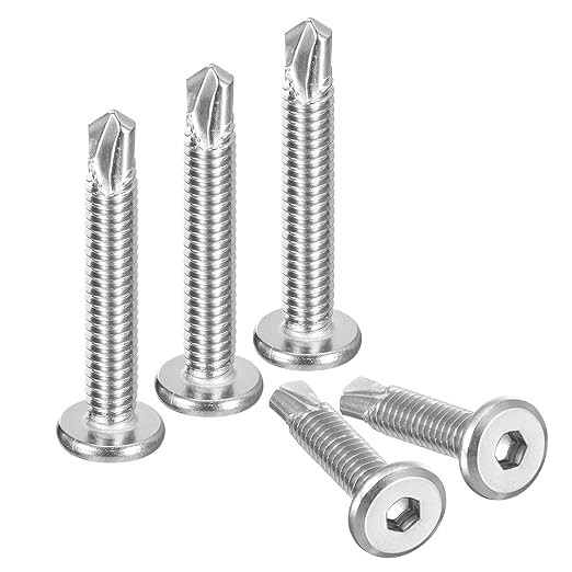 uxcell Hex Socket Self Tapping Screws, 1/4 x 1-5/8" 410 Stainless Steel Sheet Metal Flat Head Drilling Screw 50pcs, Silver