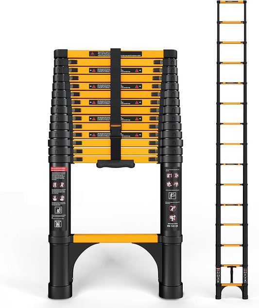 14.5 FT Telescoping Ladder, ANSI Certified, Type I Heavy Duty, 330lbs Max Capacity, Aluminum Extension Ladder for Home, Roof, RV; Yellow