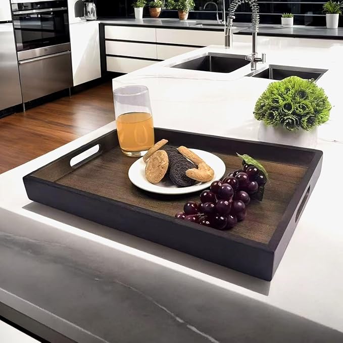 Large Bamboo Wooden Tray with Handles, Rectangular Natural Solid Wood, Black Walnut Color Serving Tray Suitable for Kitchen,Bedroom,Coffee, Party Bars. (14.9x10.2x1.57 inches)