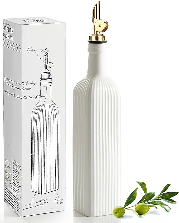 getstar 18 oz Olive Oil Dispenser Bottle for Kitchen, Ceramic Oil Bottle with Automatic Stainless Steel Pourer (Golden Pourer)