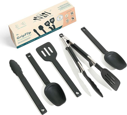GripFlip: 3-in-1 Kitchen Utensils Set | Spatula, Tongs & Spoontula | 7 Pcs | Non-stick, Heat-resistant, BPA-free Silicone Cooking Utensils Set with Extendable & Interchangeable Inserts