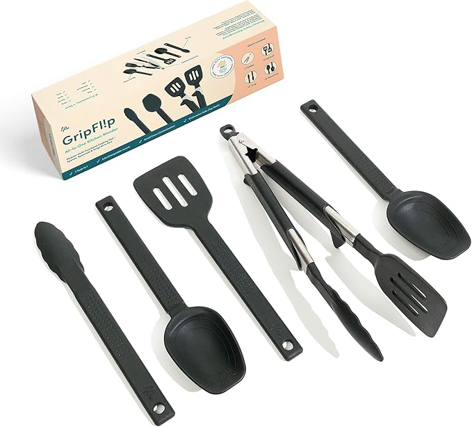 GripFlip: 3-in-1 Kitchen Utensils Set | Spatula, Tongs & Spoontula | 7 Pcs | Non-stick, Heat-resistant, BPA-free Silicone Cooking Utensils Set with Extendable & Interchangeable Inserts
