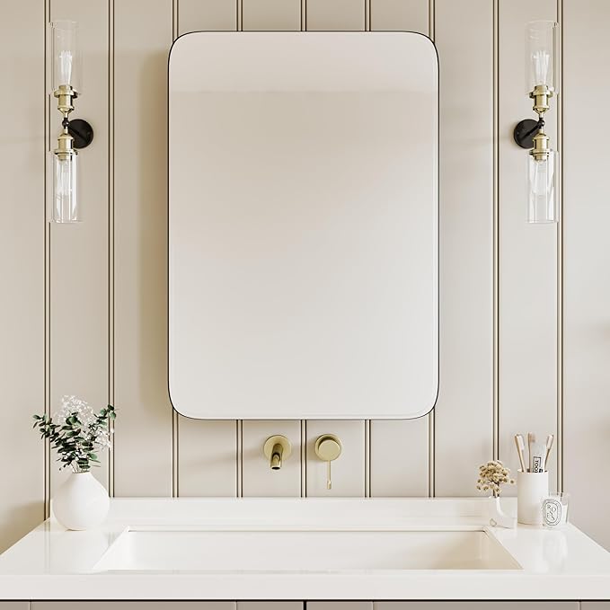 Bathroom Wood Black Cabinet with 20''x30'' Curved Mirror, Recessed Medicine Cabinet, Bathroom Storage Cabinet