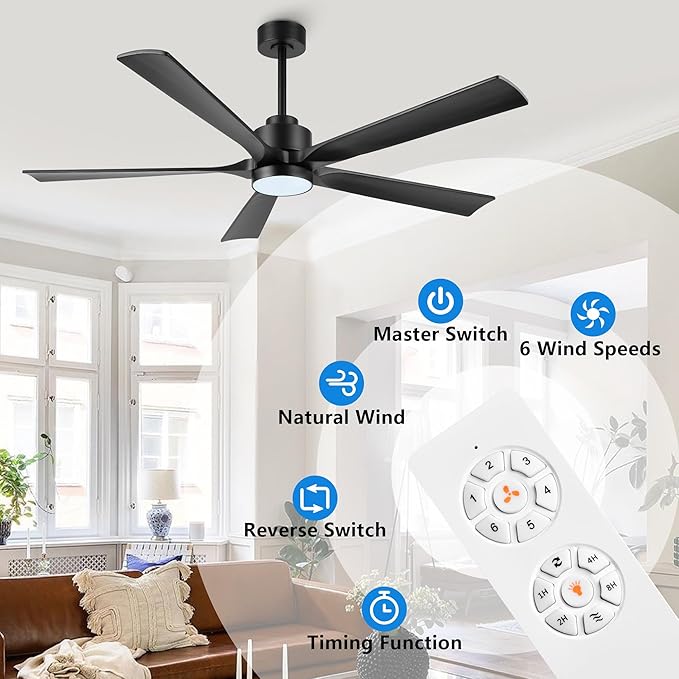 60" Modern Ceiling Fan with Lights and Remote Control, 5 Solid Wood Blades 6-Speed Noiseless Reversible DC Motor, Ceiling Fan for Bedroom Dinning Living Room, Black