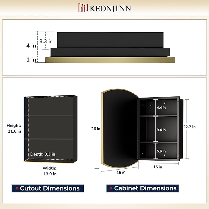 Keonjinn Medicine Cabinet 16 x 26 Inch, Surface Mount or Recessed Cabinets with Mirrors, Gold Metal Framed Wall Mirror with Storage, 2 Adjustable Shelves, Beveled Edge Frame