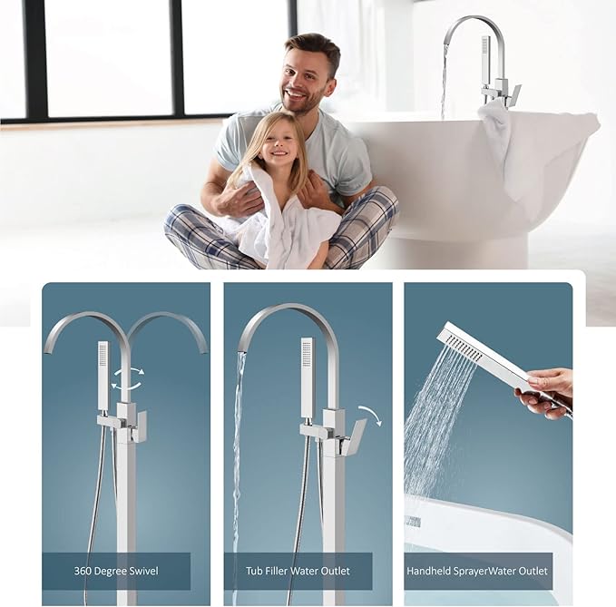 Aolemi Polish Chrome Bathtub Faucet Floor Mount Freestanding Tub Filler Bathroom Waterfall Brass Tap Swivel Spout Single Handle with Hand Sprayer