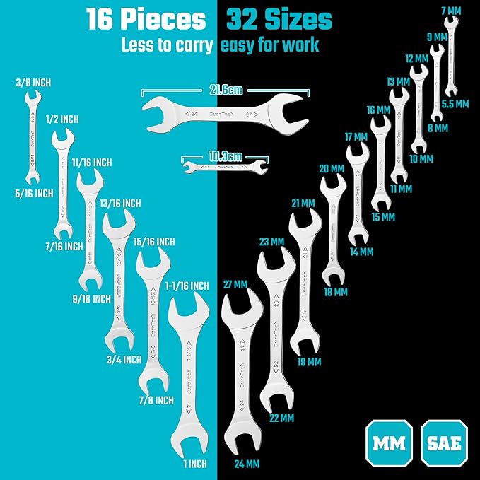 DURATECH Super-thin Open End Wrench Set, SAE(5/16" to 1-1/16") & Metric(5.5mm to 27mm), 16-Piece, Slim Spanner Wrench Set with EVA Tray Storage