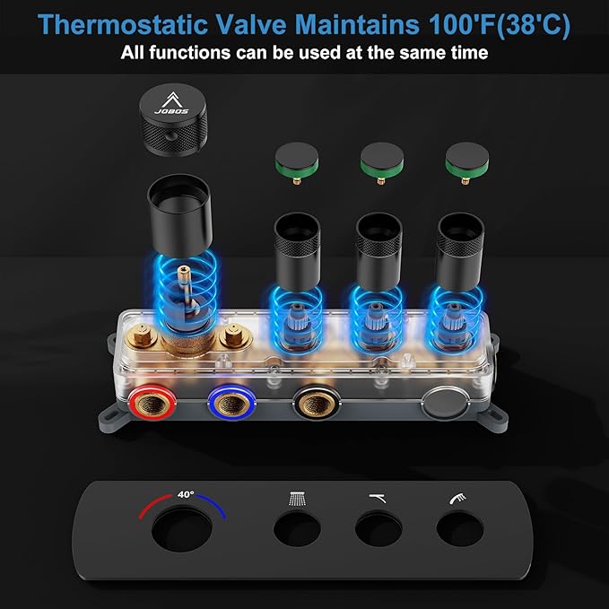 Shower System Brass Thermostatic Shower Faucet Set With Valve and Diverter Shower Mixer with 2 Rain Shower Head and Multi-function Handheld Head(Matte Black)