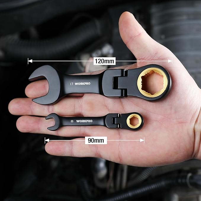 WORKPRO 8-Piece Stubby Anti-slip Ratcheting Combination Wrench Set, Metric 8-17 mm, 72-Teeth, CRV, Black Electrophoretic Coating, Flex-Head Wrench Set with Rolling Pouch