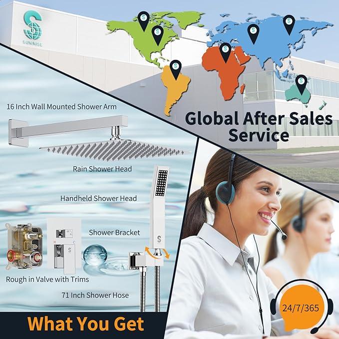 SR SUN RISE SRSH-D1203 12 Inches Bathroom Luxury Rain Mixer Shower Combo Set Wall Mounted Rainfall Shower Head System Polished Chrome Shower Faucet Rough-in Valve Body and Trim Included