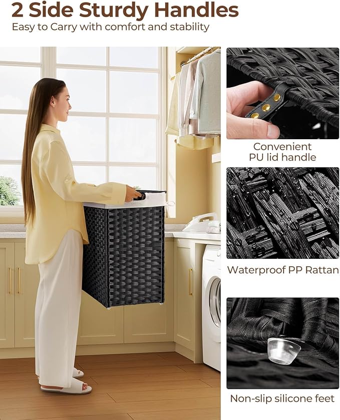 Greenstell Laundry Hamper with lid, No Install Needed, 130L Wicker Laundry Baskets Foldable 2 Removable Liner Bags, 2 Section Clothes Hamper Handwoven Rattan Laundry Basket with Handles, Black