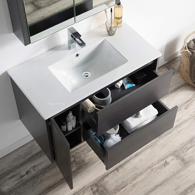 Blossom Single Bathroom Vanity with Ceramic Sink and Mirror Medicine Cabinet | All Wood Floating Vanity Cabinet | 2 Soft-Closing U-Shaped Cutout Drawers | 36 inch, Silver Grey