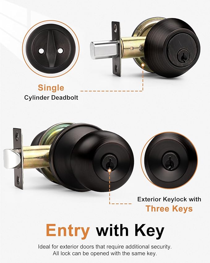 Probrico 4 Sets-Entry Door Knob Lockset and Single Cylinder Deadbolt Combination Set, Keyed Alike Front Handlesets in Oil Rubbed Bronze, Combo Pack Door Knobs Exterior,Contractor Pack