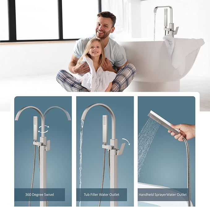Aolemi Freestanding Tub Filler Brushed Nickel Floor Mount Bathtub Faucet Bathroom Waterfall Brass Tap Single Handle with Handheld Shower Swivel Spout