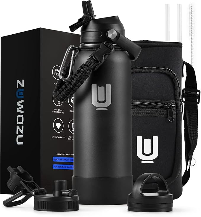 Water Bottle with Strap, 40oz Insulated Stainless Steel Water Bottle with Straw, Spout Lid & Handle, Metal Flask Jug with Carrier Bag, Great for Hiking, Sports & Gym, Black