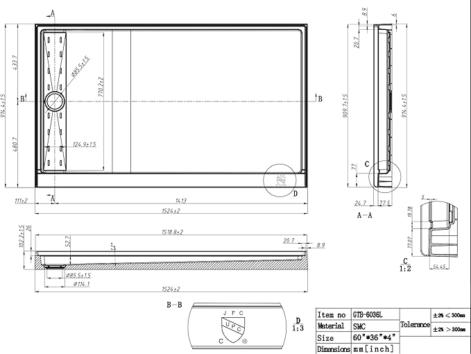 Shower Base Pan in White Left Linear Drainer, Rectangular Shower Base 60"×36"×4" with Non-Slip Floor Panel and Stainless Steel Shower Drain Cover