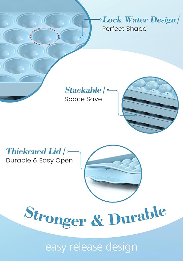 DOQAUS Round Ice Cube Trays with lid and Bin, 4 Pack Easy Pop Out Ice Trays for Freezer with Cover, Compact Circle Ice Cube Trays for Frezzer, Sphere Ice Cube Tray with Storage Ice Bucket Kits, Scoop