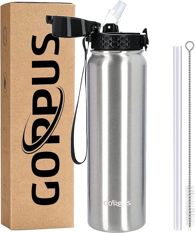 GOPPUS 32 oz Sports Water Bottle 1 Liter Double Wall Insulated Stainless Steel Water Bottles with Straw Lid Reusable Leak proof Metal water bottles with Strap Handle(Steel 1 lid)