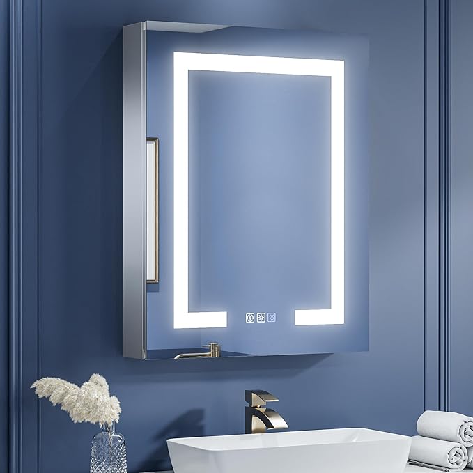 ExBrite LED Lighted Bathroom Medicine Cabinet with Mirror, 24 x 30 Inch, Recessed or Surface Mount, Anti-Fog, Stepless Dimming, Color Temperature Adjustment, 2 Outlets, Storage Shelves, Right Hinge