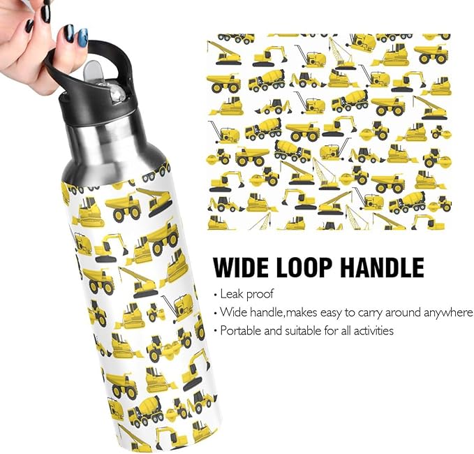 Construction Truck Excavator Bulldozer Stainless Steel Water Bottle with Straw Lid - 20 Oz Sports Insulated Water Bottle Thermos for Sport Gym Outdoor Travel School