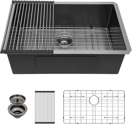 27 Black Kitchen Sink - Lordear 27 x 19 Inch Undermount Sink Gunmetal Black 16 Gauge Stainless Steel Deep Single Bowl Handmade Sinks Basin