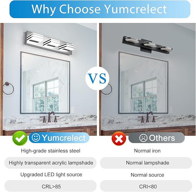 LED Vanity Lights 20in Bathroom Lights Fixtures over Mirror 3 Light LED Lighting Fixture for Bathroom 18W Mirror Lighting Fixture Modern Bath Light Bar Chrome Bath Lamps 6000K Vanity Wall Scone