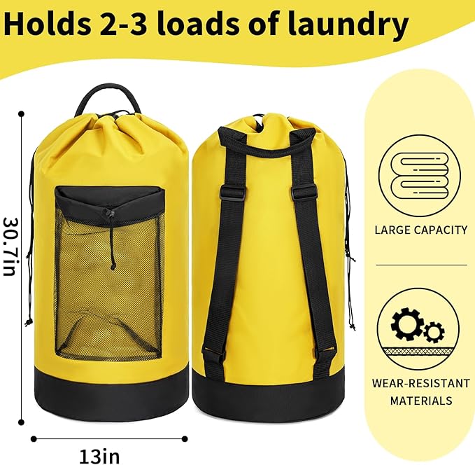 Laundry Bag Backpack with Shoulder Straps and Mesh Pocket Foldable Laundry Hamper for College, Apartment, Laundromat (Yellow)