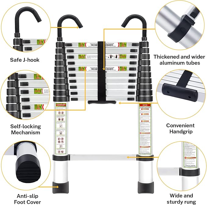 Telescopic Ladder, 10.5FT RIKADE Aluminum Telescoping Ladder with Non-Slip Feet and Stable Hook, Portable Extension Ladder for Household and Outdoor Working, 330lb Capacity