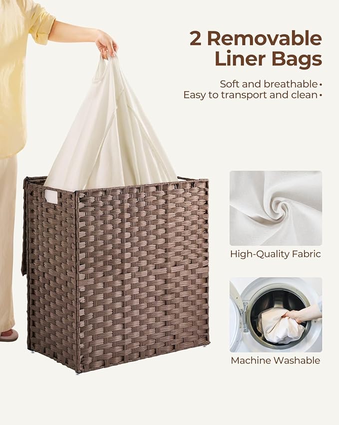 Greenstell Laundry Hamper with lid, No Install Needed, 110L Wicker Laundry Baskets Foldable 2 Removable Liner Bags, 2 Section Clothes Hamper Handwoven Rattan Laundry Basket with Handles, Brown