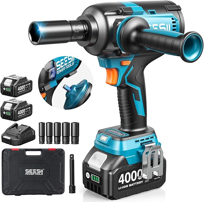 Seesii [2025 Upgraded] Impact Wrench 885Ft-lbs (1200N·m): 1/2" Cordless Impact Gun with Detachable Handle, 21V High Torque Power Impact Driver 2x 4.0Ah Batteries for Family Car/Pickup Truck/Mower
