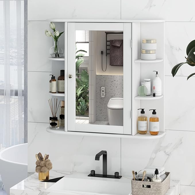 Tangkula Bathroom Medicine Cabinet with Mirror, Wall Mounted Home Storage with Door & 6 Open Shelves, Adjustable Shelves, Mirrored Bathroom Wall Cabinet (White)