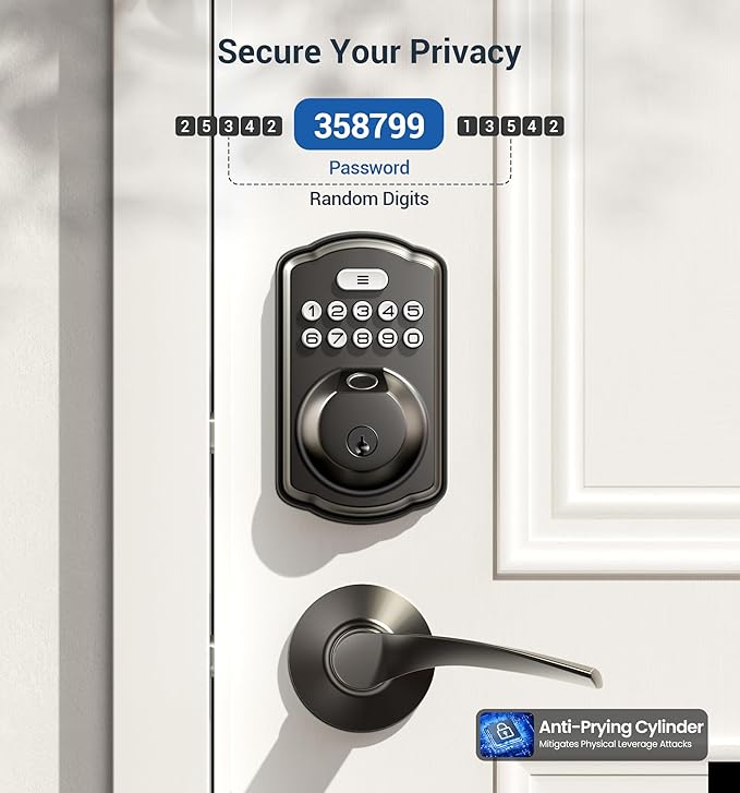 Veise Fingerprint Door Lock with 2 Lever Handles - Keyless Entry Door Lock, Electronic Keypad Deadbolt, Digital Smart Code & Front Handle Sets, Auto-Locking, Easy Installation, Matte Black