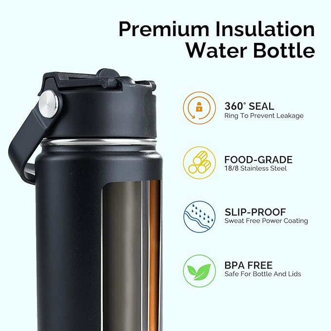 Kerilyn Stainless Steel Insulated Water Bottle, 18oz Double Wall Vacuum Insulated Water Bottle Leak Proof with Silicone Straw, Wide Mouth Lid, BPA Free, Keep Cold and Hot, 18oz, Black