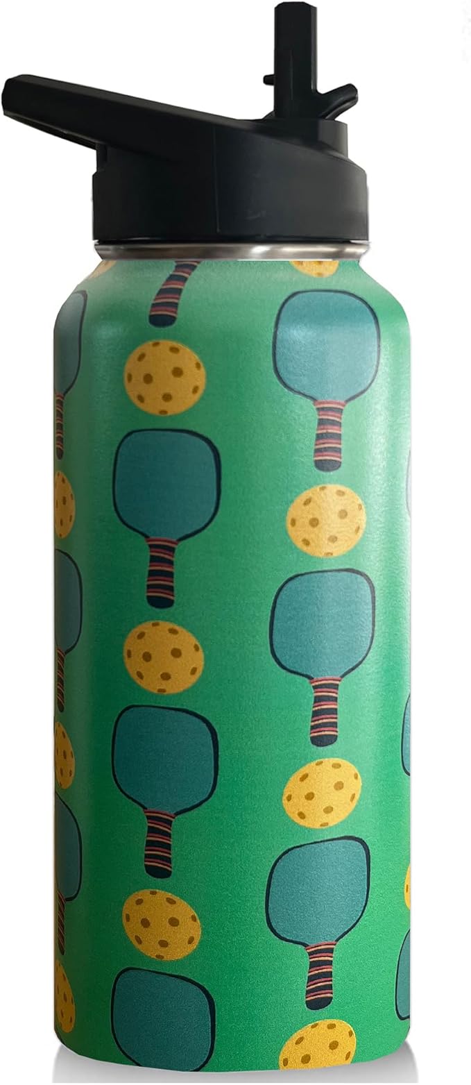 32oz Pickleball Water Bottle Insulated Vacuum Stainless Steel Tumbler Travel Mugs With Straw for Gym Camping Hiking