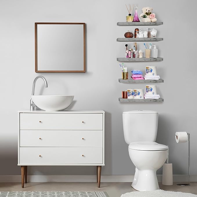 Sorbus Floating Shelves for Wall, Bathroom Shelves Wall Mounted for Kitchen, Bedroom, Living Room, Bathroom Storage, Over Toilet, Hanging Book Shelf for Ｗall Home Decor (Gray, 5 Pack)