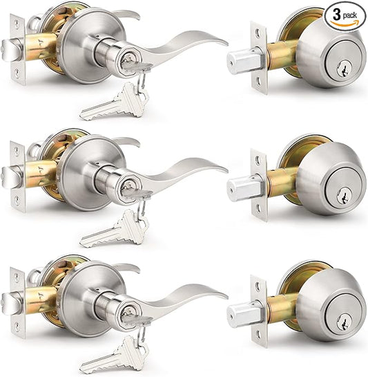 Probrico 3 Pack-Entry Door Lever and Deadbolt Lock Set, handleset with Single Cylinder Deadbolt Keyed Alike Combo Pack, Reveriable-Right or Left Handed, Entry Door Lever Exterior and Interior