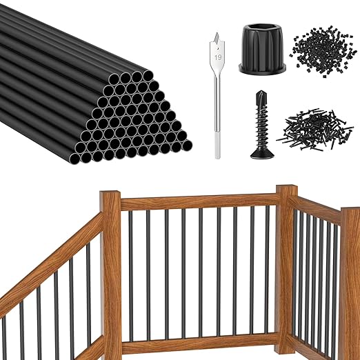 CKE 60 Pack 36" Round Aluminum Deck Balusters, 3/4" Diameter Hollow Round Black Aluminum Balusters for Deck Railing, Metal Deck Baluster Staircase Spindles with Screws/Conector for Railing Fencing R36
