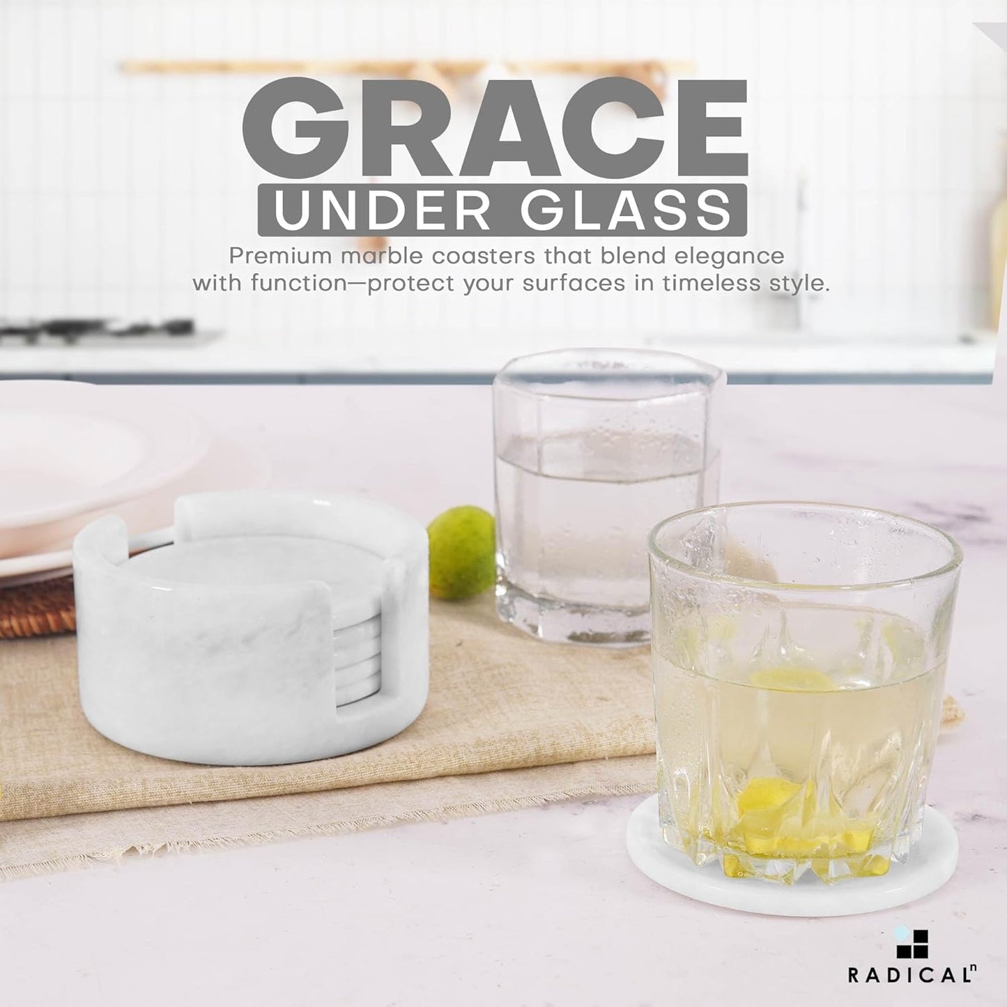 Marble Coasters Set of 6 White 3.5 Inch Round Coaster for Drinks with Holder, Drink Coaster for Tabletop & Coffee Table Decor, Ideal Home Decor House Warming Gifts