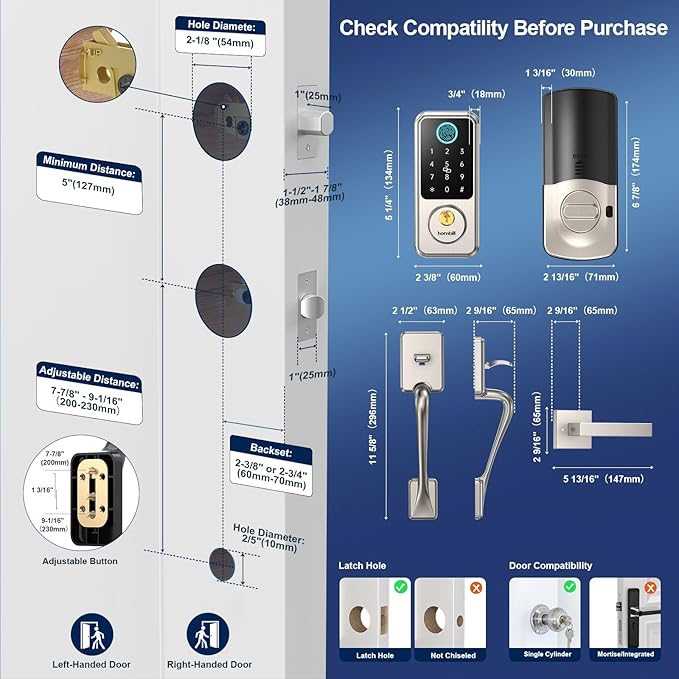 Hornbill Keyless Entry Smart Locks Set, Front Door Handle Set, Keypad Deadbolt Lock for Airbnb Home Office, Auto-Lock, Matte Silver