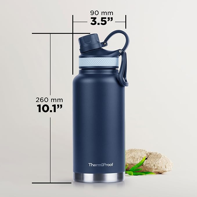 ThermoProof Double Walled Vacuum Insulated Stainless Steel Water Bottle - 32oz, Straw Lid & Spout Lid - Leak Proof - Gym, Hiking Bottles for Men, Women & Kids - Hot & Cold (Navy 32oz)
