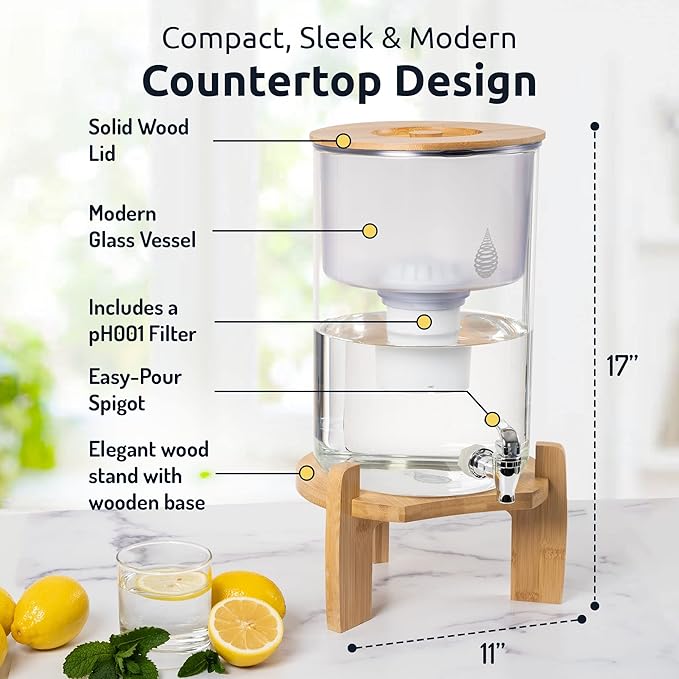 pH Recharge Glass Alkaline Water Filter Dispenser - Countertop Water Filter System - Purifier Pitcher for Home and Office - High pH Pure Drinking Water Filtration - 8.5L/2.25 Gal