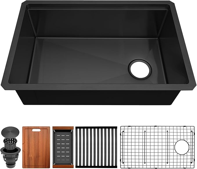 Black Undermount Kitchen Sink,16 Gauge Stainless Steel Sinks,Single Bowl Workstation Sink,Modern Kitchen Sink Offset Drain (28" X 18")