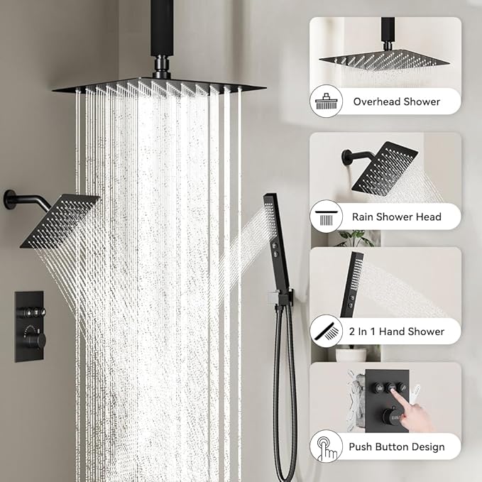Shower Faucet Set Matte Black Shower System,10" Ceiling Rainfall Shower and 6" Wall Mount Rain Shower with 2 in 1 Handhled, Can Use All at Once, Thermostatic Shower Set with Valve and Trim Kit