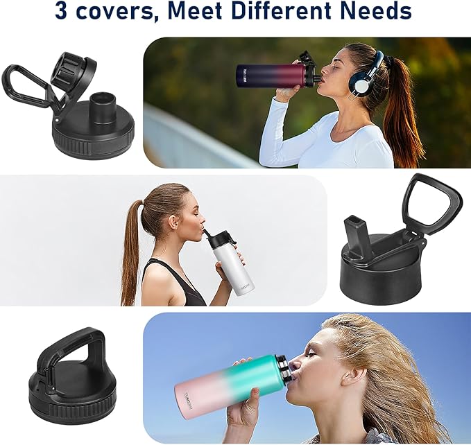 Insulated Water Bottle 24oz Stainless Steel Water Bottles with Straw&3 Lids Sports Metal Water Bottle Thermos Cup Double Walled Vacuum Insulated Bottles Leak-Proof Travel (Gradient Red Blue)