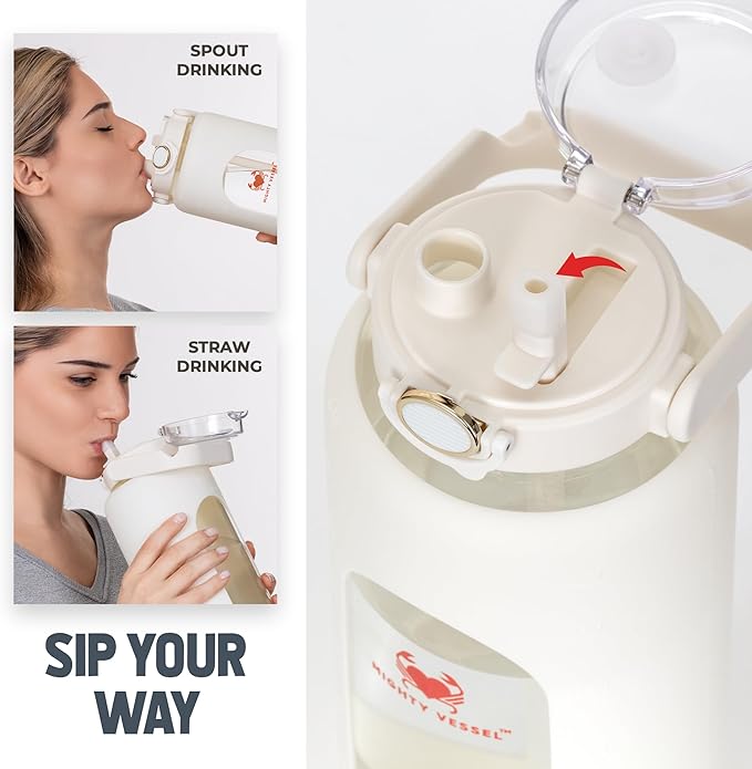 Leakproof 64oz glass water bottle with Time Markers - White Large Water Bottle with Measurements - Pregnancy Water Bottle Tracker - Half Gallon Water Bottle with Straw, 2 liter Water Bottle Glass