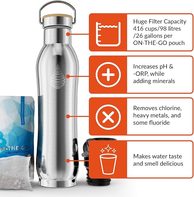 Invigorated Water Insulated Water Bottle - Alkaline Water Filter Included - Water Bottles Alkaline - Double Walled Metal - Sports Bottle with Filter - Stainless Steel Insulated Bottle - 950ml